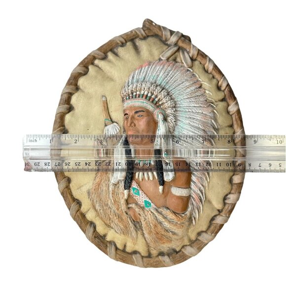 Native American Chief Warrior Wall Decor With Feather Headdress & Beaded Details - Picture 3 of 8